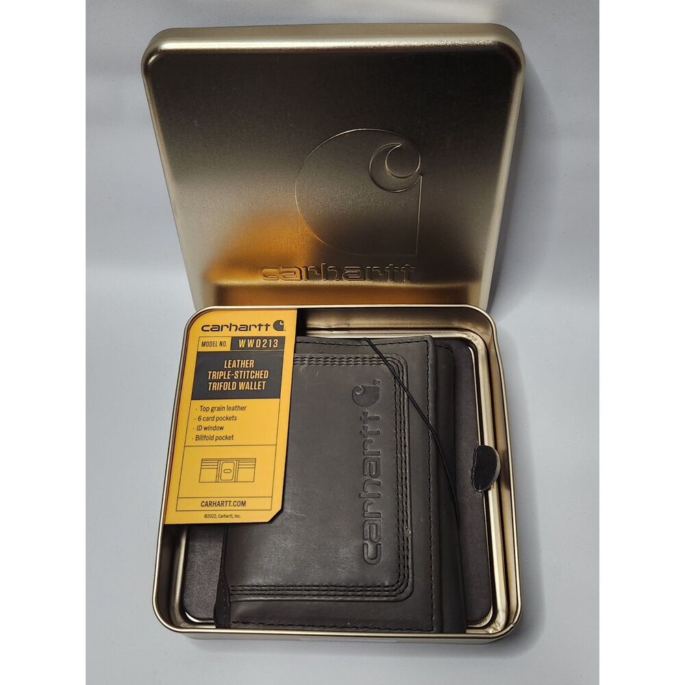 Carhartt Leather Triple Stitched Trifold Wallet Black Top Grain